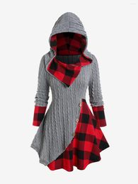 Dames T -shirts Rosegal Hooded Plaid Cable Breid Panel Mixed Media Tops Dames Fall Lange mouwen Een lijn omgekeerde patchwork -pullovers