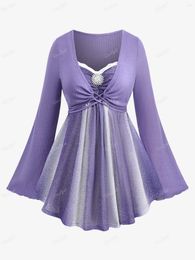 Camisetas para mujer ROSEGAL Tallas grandes Hebilla Fruncida Atado Adorno de encaje Camiseta acanalada Cuello corazón Mangas acampanadas Tops Camisetas de mujer de color morado claro