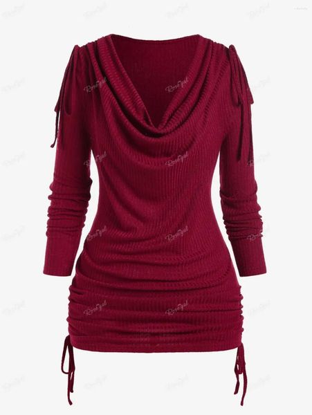 T-shirts femme ROSEGAL grande taille col bénitier tricot côtelé cintré froncé T-Shirt rouge profond à manches longues haut tricoté t-shirts de mode