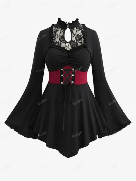 T-shirts pour femmes Rosegal Plus Taille T-shirt gothique Panneau de dentelle florale Ruché Up Keyhole Flare Manches Asymétrique Corset Tops T-shirts noirs