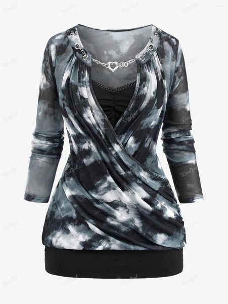 T-shirts Femmes Rosegal Plus Taille Peinture à l'encre Imprimer Surplis T-shirt Panneau de chaîne Ruché Dentelle Tops Femme Casual T-shirts à manches longues