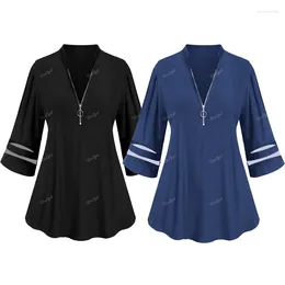 Dames T-shirts Rosegal Plus Size Lace Stripe Panel T-shirt Zwart Blue Zipper V-Neck Casual Tops For Women