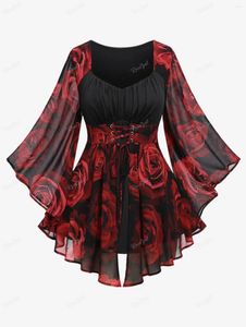 Dames T-shirts ROSEGAL Plus Size Lace Up Bloemen Chiffon T-shirt 2023 Dieprood Sweetheart Hals Vlindermouwen Blouse tops