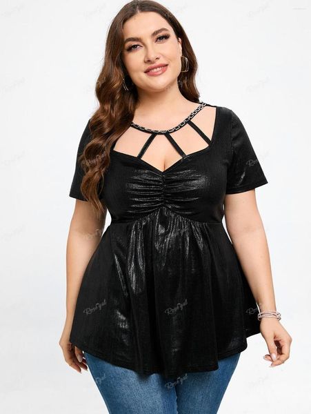 T-shirts pour femmes ROSEGAL Plus Size Ruched Cutout Metal Tees Black Fashion Short Sleeves Tunic Tops For Women Streetwear T-shirts Arrived 4XL