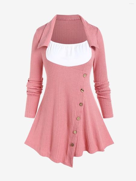 Camisetas para mujer Rosegal Rib-Knit Tops Mujeres Otoño Abotonado Cuello con cordones Blusa asimétrica Señoras Light Pink Streetwear Jersey Tees