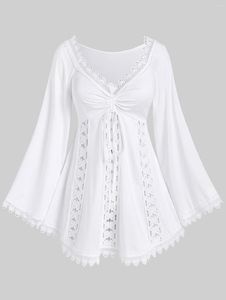Dames T-shirts Rosegal V-Neck Tees 2023-stijl Vrouwelijke kanten kantafwerking Hollow Out Cinched Flare Sheeves Shirt Lange Mouw Tops White