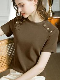 Dames T-shirts Round Neck katoen Korte mouwen T-shirt voor Summer Button Design V-Neck Basic Elastic Oversized Top Women