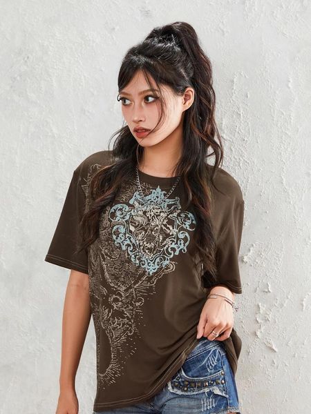 Camisetas para mujer Rteyno Camisa vintage de manga corta para mujer Tops recortados grunge Estampado gráfico Años 90 Cuello redondo Jersey holgado Ropa de calle