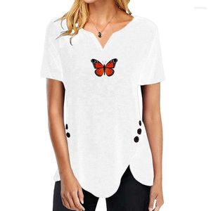 Dames T-shirts S-5XL Oversize korte mouw V-hals dames vlinder bedrukt shirt Casual losse knop onregelmatige tops zomer tee voor