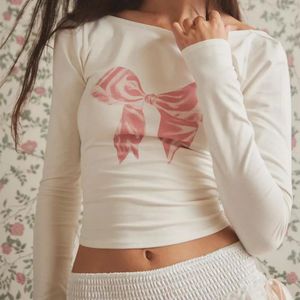 Camisetas de mujer con cuello redondo y manga larga casual con espalda abierta y estampado de lazo, camisetas de otoño