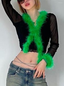 T-shirts pour femmes SEASONS 90s Streetwear Retro Green Feather Garniture Black Mesh Crop Top Cyber Y2K Fashion Transparent T-shirts à manches longues