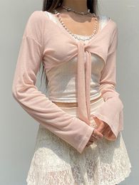 Camisetas para mujer Temporadas Abrigo rosa acanalado súper corto Mujeres Manga larga con cordones Casual Recortado Top Sexy High Street Ropa Minimalista