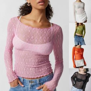 Camisetas transparentes para mujer, blusa de encaje de malla transparente con cuello de manga larga, Top sin sujetador, camisetas sexys para salir, regalos de calle