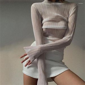 Dames T-shirts Zie door lange mouw Mock Neck Women Tops Fashion Streetwear Sexy Solid Color Turtleneck Mesh Sheer T-Shirt