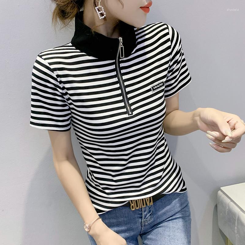 Camisetas femininas que vendem estilo ocidental fino, top fashion, gola alta, zíper, camiseta de manga curta listrada