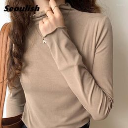 Dames t-shirts seoulish herfst winter dikke t-shirts massief lange mouw fluwelen felle fundamentele casual vrouwelijke breien chic tops 2023