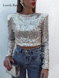 T-shirts pour femmes paillettes Slim Party Cropped Top Top Women Fashion Long Manche Basic Solin Shiny Casual O-Kirt T-shirt Femme Y2k Lady Club