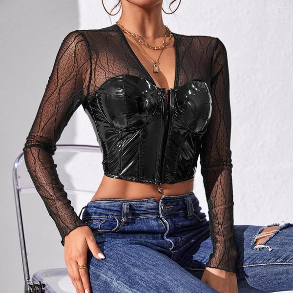 T-shirts Femmes Sexy Noir Patchwork Cuir Corset Top Manches Longues 2023 Femmes Mesh Tees Chemise Street Wear Femme Zipper Skinny Body