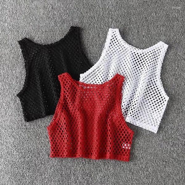 Camisetas para mujeres Sexy Black/Red Hollow Out Top Camiseta Mesh Moda Femenina Femenina Tops básicos de verano para mujeres Camisa de red