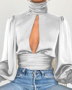 T-shirts pour femmes Sexy haut décontracté femmes licou cou à manches longues élégant col haut à volants couleur unie chemise Streetwear 2023