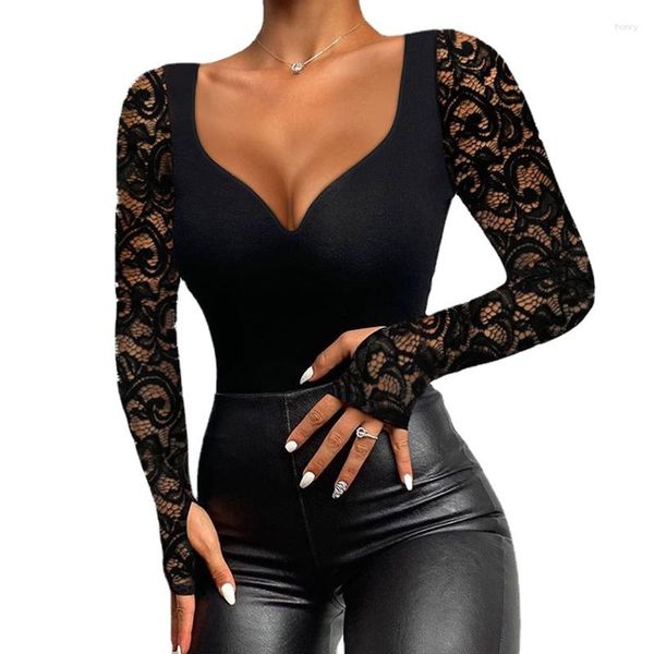 T-shirts pour femmes Sexy col en V profond en dentelle noire femmes t-shirts évider à manches longues hauts dames 2023 décontracté Slim Fit Splice T-shirt 27299