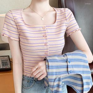 Dames t shirts sexy voor vrouwen blusas vrouwelijke tops vierkante kraag slank t-shirt 2023 Koreaanse kleding blauw roze streep korte mouw 2837