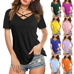 T-shirts Femmes Sexy Front Cross Col V T-shirts à manches courtes Femmes Summer Loose Tee Shirt Dames Couleur Solide Coton Polyester Spandex Tops