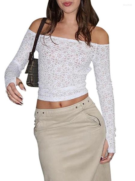 T-shirts pour femmes Sexy en dentelle à épaules dénudées Crop Top à manches longues pour femmes - Coupe ajustée sans bretelles Débardeur décontracté ou Clubwear dans le style Y2K