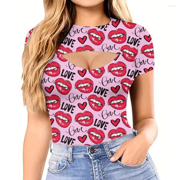 Camisetas para mujer Camiseta con cuello redondo sexy Camisa hueca Tops de manga corta de verano Camiseta con estampado de labios 3D Camiseta delgada para mujer Ropa para niñas 2024