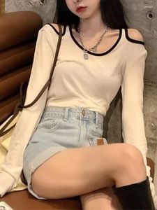 Camisetas para mujer, camisetas sexys con hombros descubiertos, camisa calada de manga larga para primavera y otoño para mujer, moda coreana, camisetas estéticas Harajuku Y2K