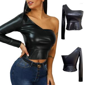 Camisetas de mujer, camiseta Sexy con un hombro al descubierto, camiseta de manga larga con cuello diagonal de cuero PU para mujer, camisetas ceñidas negras básicas informales ajustadas