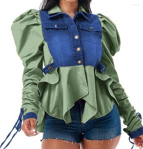 Dames t shirts sexy patchwork denim shirt top strakke gestapelde lange puff mouw blouses dames draaien een sleutel knoop naar boven toppen mode