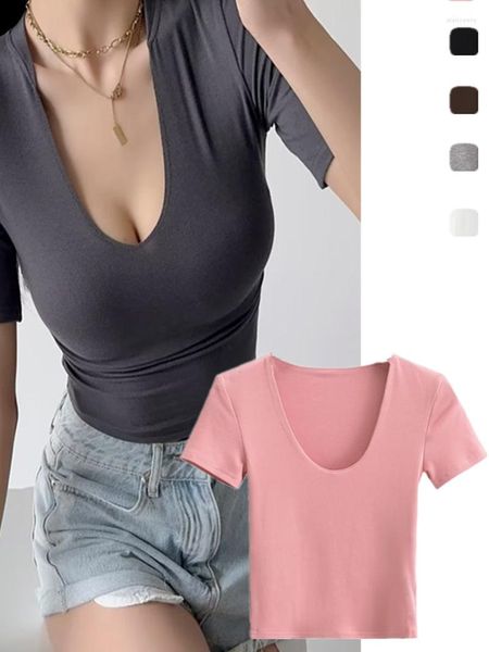 T-shirts pour femmes Sexy Pure Désir Style Double couche Ovale Collier Slim-ats à manches courtes Big Big poitrine et à bottage à taille haute mince