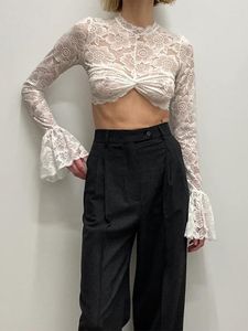 T-shirts pour femmes Sexy See Through Lace Crop Top Womens O-cou Flare T-shirt à manches longues 2023 Lady Fashion Party Club évidé Tops