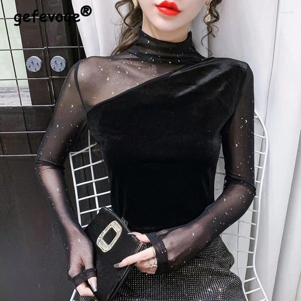 Camisetas para mujer Sexy Sheer Mesh Patchwork Lentejuelas Elegante Moda Fiesta Club Tops para mujer Primavera Otoño Slim Fit Camisa negra de manga larga