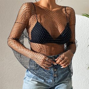 Camisetas de mujer Sexy Top brillante ahueca hacia fuera la ropa transparente 2023 modelos explosivos de verano Grid Flash Diamond camisetas de mujer Tops