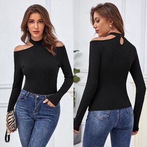 Dames T-shirts Sexy hellende schouder Black off-the-shoulder Top 2023 Leerlekkende sleutelbeenbodem shirt vrouwen met lange mouwen T-shirt