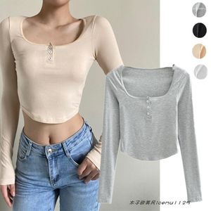 Camisetas para mujeres estilo sexy minimalista color sólido encaje cuello cuadrado dobladillo curvo de manga midfing de manga larga curva de durazno básico