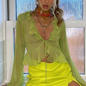 T-shirts pour femmes Sexy V Neck See Through Crop Top Ruffles Tie Up Mesh T-shirt Chic Women Sun Protection Cover-Ups Tees Beach Holiday Blouse