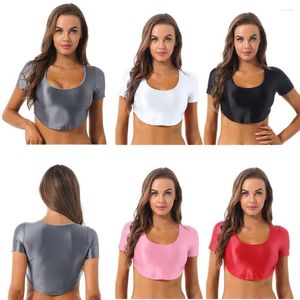 Dames t-shirts sexy vrouwen glanzende gebogen zoom crop top kort mouw t-shirt schep nek skintight middenrif blouse