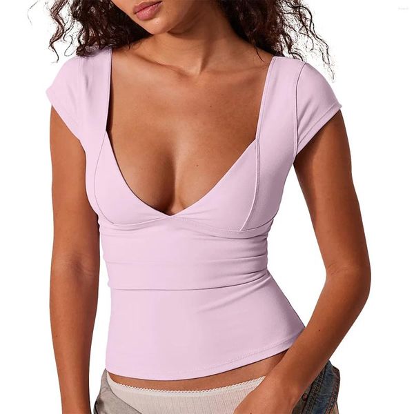 Camisetas para mujer Camisa de corte bajo para mujer sexy Camiseta de manga corta con cuello en V profundo Camiseta de color sólido para niñas Slim Fit Street Party Crop Tops Camiseta de verano