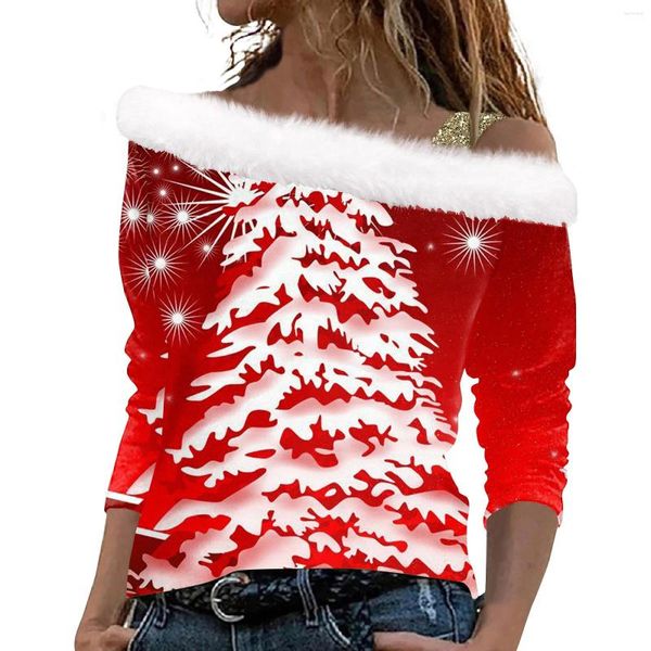 T-shirts Femmes Sexy Femmes T-shirt Rouge Arbre de Noël Imprimer pour élégant à manches longues Pull en vrac Tee-shirt à épaules dénudées