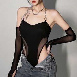 T-shirts pour femmes Sexy femmes à la mode body maille Patchwork chaîne licou cou barboteuses hauts bras manches ensemble pour dames noir Style de rue