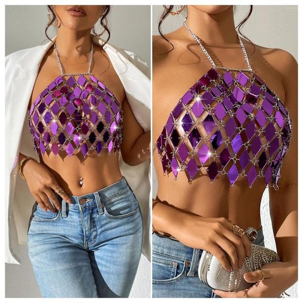 Camisetas para mujer Lentejuelas acrílicas brillantes Camiseta sin mangas Mujeres Correas de cadena de metal Tops Halter 2023 Verano Sexy Sin espalda Festival de cosecha Ropa rave