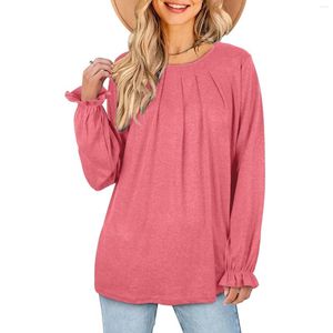 Dames t shirts shirks voor vrouwen dames dames lange mouw bovenste ronde nek geplooide vaste kleur shirt herfst en winter casual guard