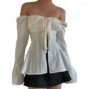 T-shirt blanc à manches longues pour femme, coupe cintrée, plissé, à lacets, corset évasé, haut sexy, chemisier d'automne, Y2k