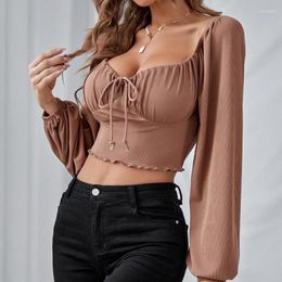 T-shirts pour femmes chemise courte marron automne Vêtements fille Low-cut Crop Tops Draw String Long Sleeve Top Shirt Blouses Fashion Brown Femal