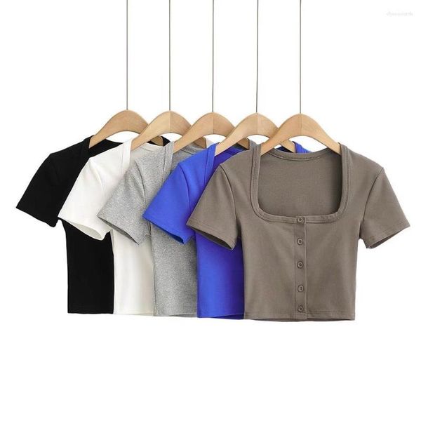 Camisetas de mujer, camisa de manga corta, Top corto blanco Sexy coreano para mujer, Tops elegantes con botones y cuello cuadrado de verano 2023, bonito azul