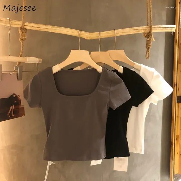 T-shirts pour femmes T-shirts à manches courtes Slim T-shirts Femmes Sexy Dames Été Col carré Crop Tops Mode Basique Tout-Match Casual Élégant Hipster