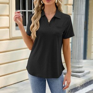 T-shirts pour femmes manches courtes couleur unie chemise de poche à revers haut ample femmes équipement froid foncé pour